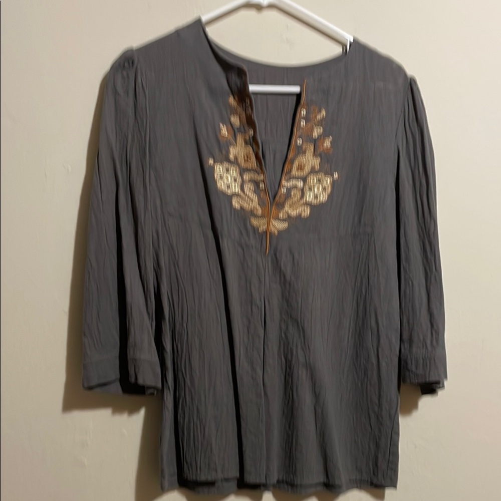 Gray Embroidered linen blouse 3/4 length sleeves. Dark grey and gold. Size M.